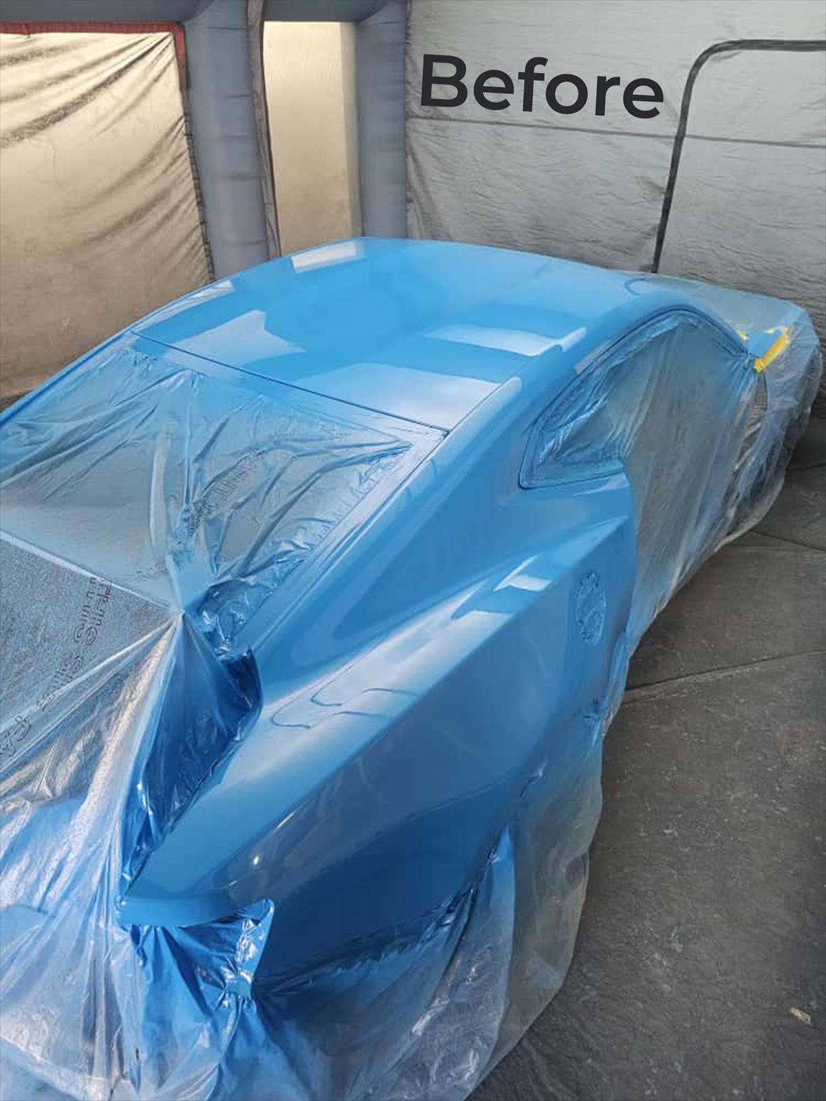 Camaro masked and prepped for paint — before
