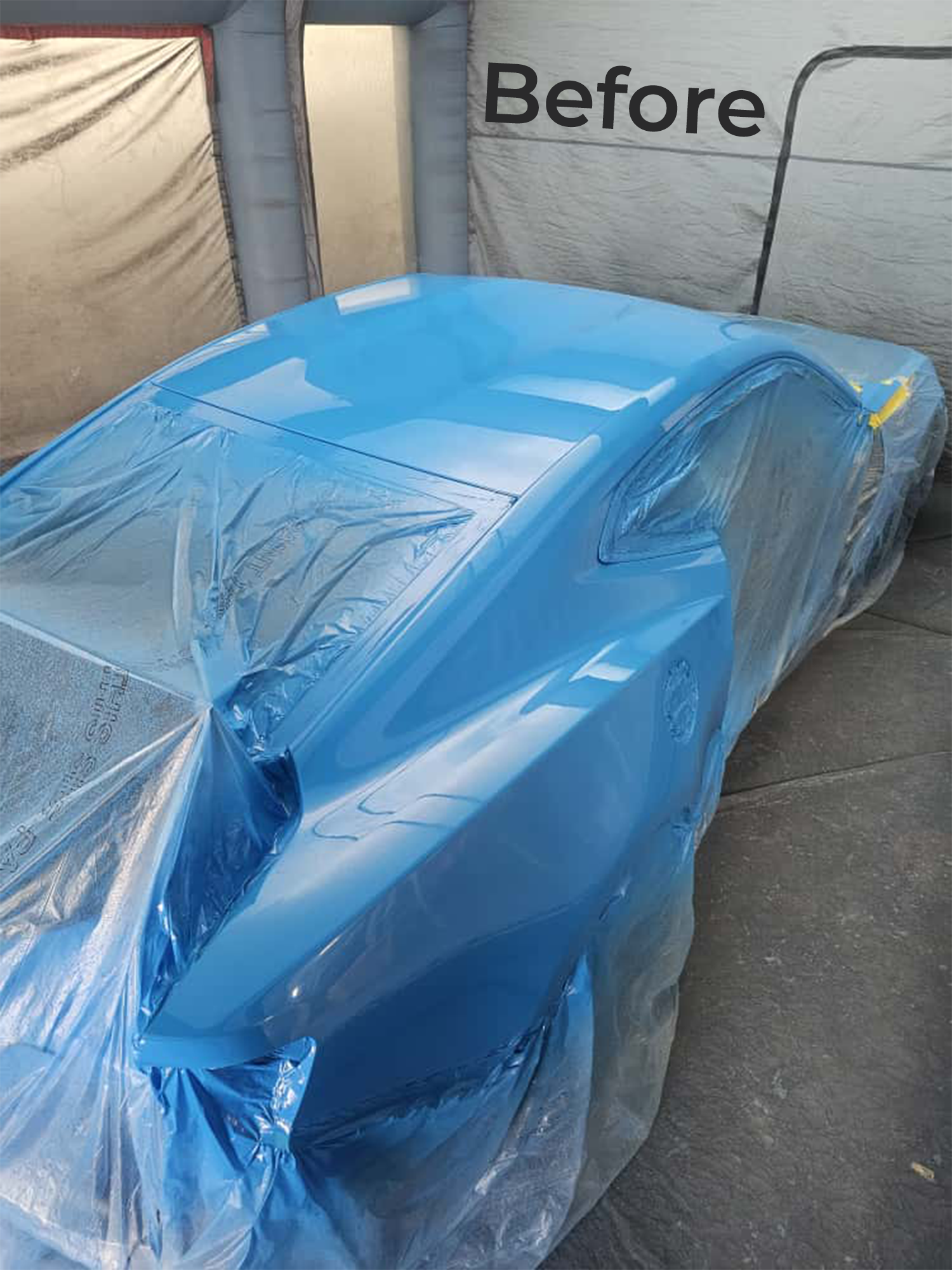Camaro masked and prepped for paint — before